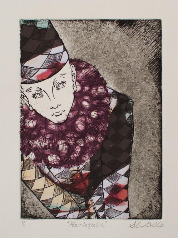 Aquatint with Purple/Multi Chine-collé. 2013.